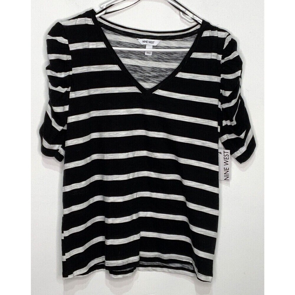 Nine West Femme Tees Striped Top Ruche Sleeve Black White Size Medium NEW